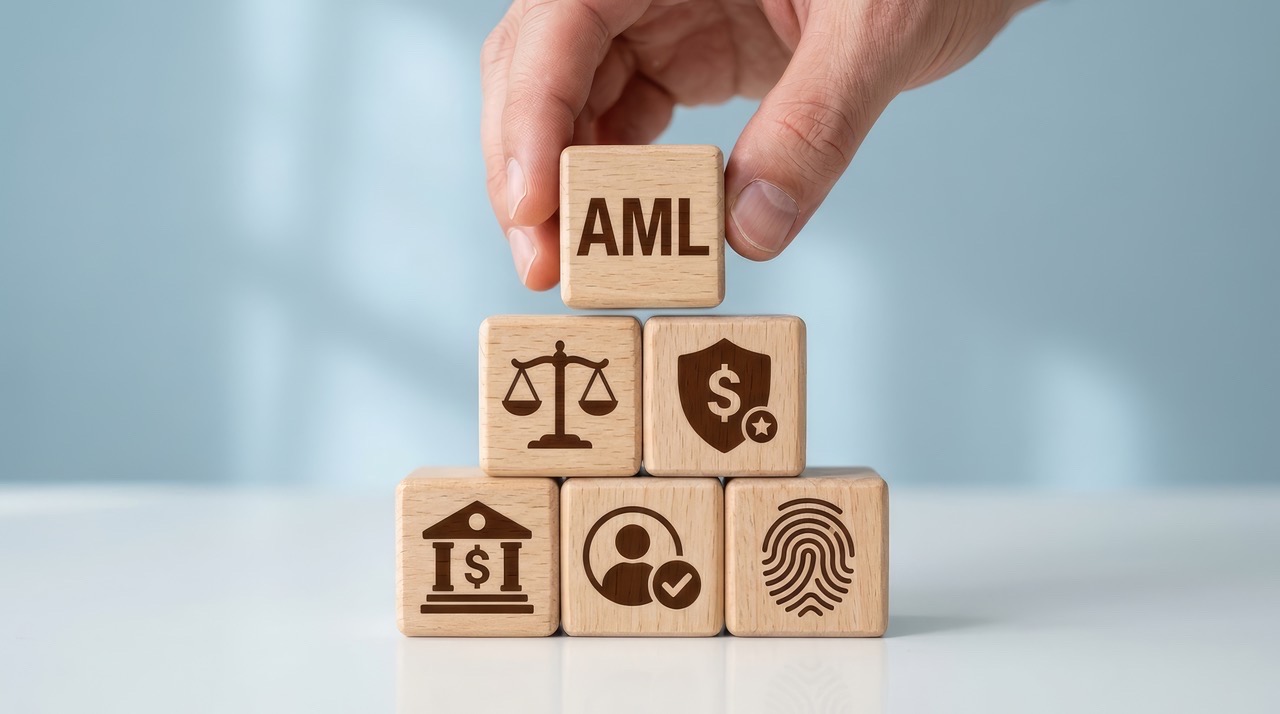 AML compliance building blocks representing BSA/AML services for banks including anti-money laundering programs, KYC verification, and financial security